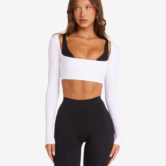 NWOT CSB Freedom Scoop Long Sleeve Crop Top in White - Size L - Picture 1 of 8